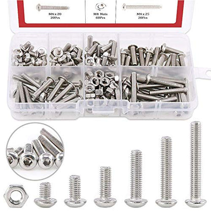 Hilitchi 180-Piece [M4] Stainless Steel Hex Socket Button Head Cap Bolts Screws Nuts Assortment Kit (M4) - color: M4