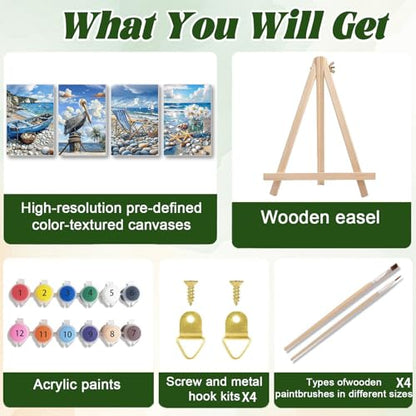 ICYANART 4 Pack Beach Paint by Numbers Kit for Adult Beach with Frame Easel - color: Beach 02