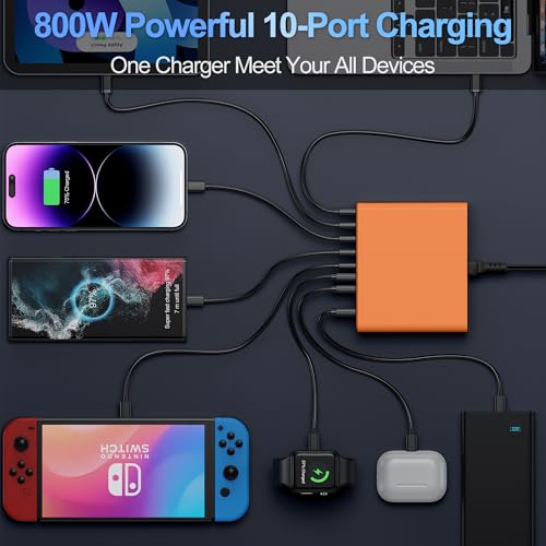 800W USB C Charger Block,10-Port Charging Station - color: Orange