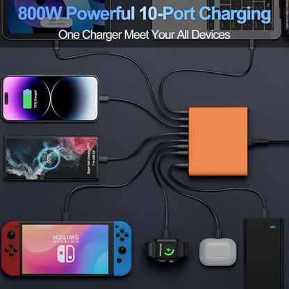 800W USB C Charger Block,10-Port Charging Station - color: Orange