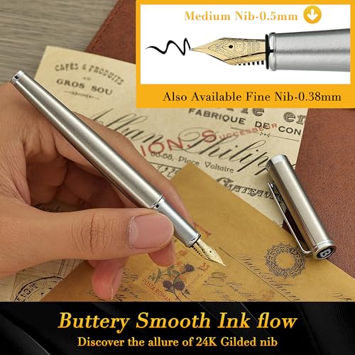 BEILUNER Luxury Fountain Pen Set,Solid 24K Gilded(Medium)-Charming Silver - color: Silver, style: Medium Nib
