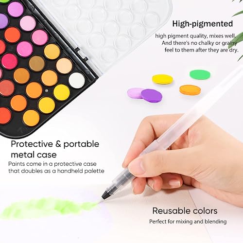 GETHPEN 48 Colors Watercolor Paint Set with 4 Brushes Pen, Travel Design - color: Black