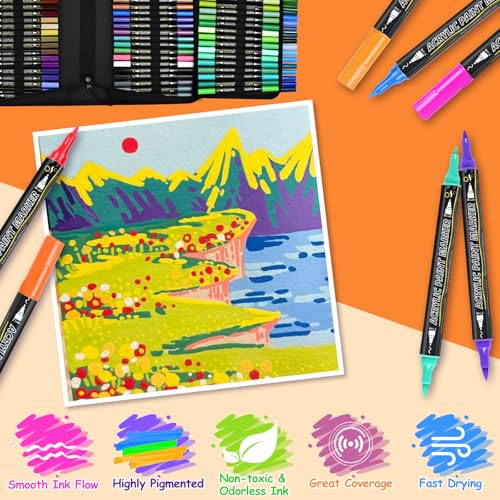 100-Pack Acrylic Paint Pens, Dual Tip with Brush & Fine, Carrying Case - color: 12 Metallic & 88 Regular Colors