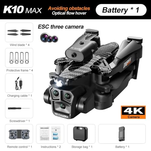 OBABO K10 Max Drone 4K High-Definition Three Camera Optical Flow Positioning Professional Aerial Photography Foldable Quadcopter (Carbon) - color: Carbon