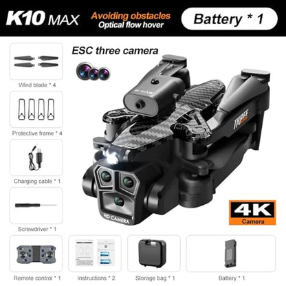 OBABO K10 Max Drone 4K High-Definition Three Camera Optical Flow Positioning Professional Aerial Photography Foldable Quadcopter (Carbon) - color: Carbon
