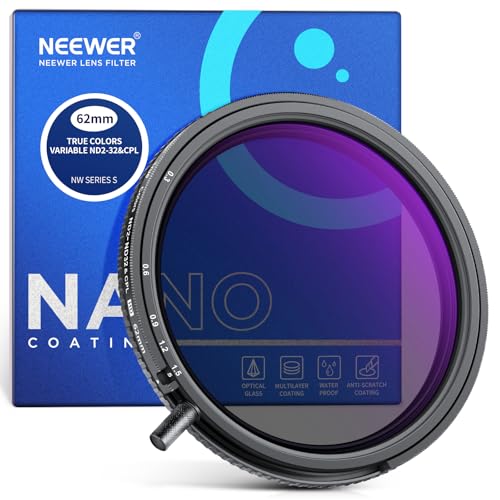 NEEWER 62mm True Colors Variable ND Filter ND2-ND32 & CPL, 2 in 1 Adjustable Neutral Density and Circular Polarizing Filter, Multi Coated HD Optical Glass/Aluminum Frame - size: 62mm, style: ND2-ND32 & CPL
