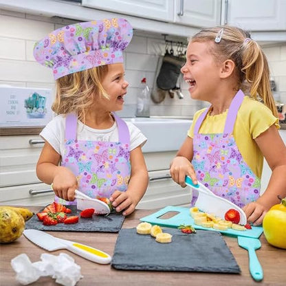 Kids Aprons for Cooking, Toddler Apron for Girls with Pockets Apron for Kid - color: Purple Butterfly