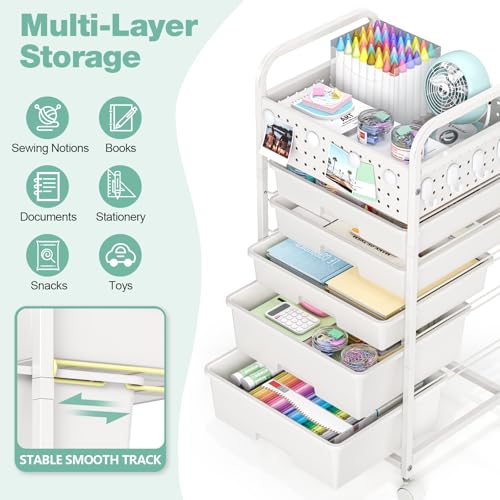 5 Drawer Rolling Storage Cart with Pegboard Top and Hooks, White - color: White, size: 5-Drawers