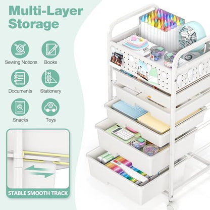 5 Drawer Rolling Storage Cart with Pegboard Top and Hooks, White - color: White, size: 5-Drawers