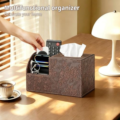 PU Leather Square Tissue Box Cover - Multi-Functional Tissue Box Holder - color: Retro