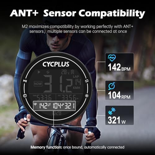 CYCPLUS GPS Wireless Bike Computer M2, 2.5" LCD Screen, IPX6, 1000mAh
