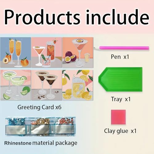 DDGYP 6 Pcs Cocktail Diamond Art Cards with Envelopes,Size 5.9×5.9inch - color: Cocktail