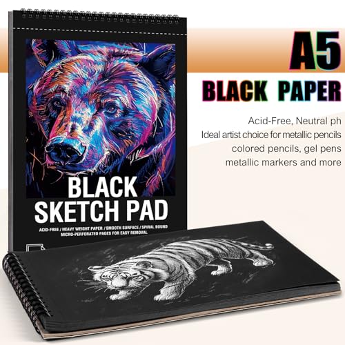 160gsm Black Paper Sketchbook 5.5×8.5In, Spiral Bound Black Notebook - size: 5.5×8.5 Inch (1 pack)