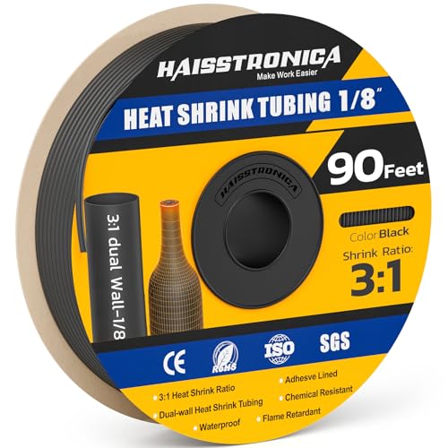 haisstronica 90Ft 3:1 Heat Shrink Tubing Roll 1/8" Black - color: Black, size: 1/8inch