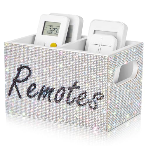 MotiMind Bling Rhinestone Remote Control Holder Crushed Diamond 2 Compartment Decorative TV Remote Caddy Organizer Storage Box Table Nightstand with and Label, Sparkly Gifts for Christmas(White) - color: White