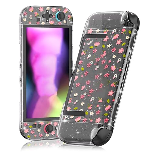 RHOTALL Clear Glitter Pink Dockable Case for Nintendo Switch 2 2025, Sakura Flower Protective PC Shell Case, Slim Cute Cover with Detachable Joycon Compatible with Switch 2 7.9 Inch, Cherry Blossom - color: clear pink