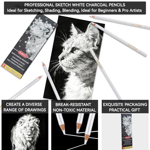 PANDAFLY White Charcoal Pencils Set, 8 Pack, Sketch Highlight Pencils - color: White