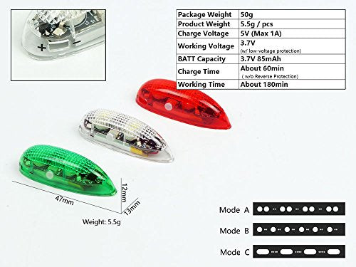 Viloga 3PCS/Set LED Light Kit for RC Plane Jet Airplane Aircraft Fix Wing Quadcopter, Rechargeable Red Green White LED Flashing Lights, Super Bright Little Light for Safe Dusk Flight