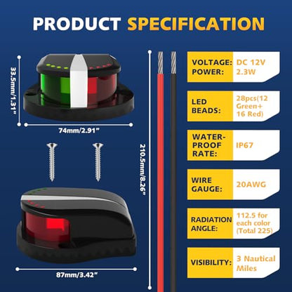 Boat Navigation Lights LED, Red and Green Marine Navigation Lights for Boats LED Waterproof IP67, 12V Bi-Color Bow Light for Boats, Pontoon, Fishing, Bass & Jon & Small Boat, Yacht - color: Black