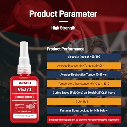 VIKAGU 271 Red High Strength Threadlocker - Medium Viscosity Glue,Easy Infiltrated Thread Lock - Permanent Adhesive for Metal Bolts & Nuts - Quick Cure Formula - 1.69Oz/50ml - style: $8.99/50ML