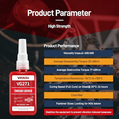 VIKAGU 271 Red High Strength Threadlocker - Medium Viscosity Glue,Easy Infiltrated Thread Lock - Permanent Adhesive for Metal Bolts & Nuts - Quick Cure Formula - 1.69Oz/50ml - style: $8.99/50ML