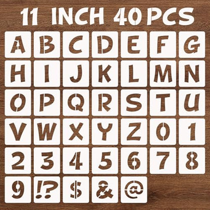 BAMIDELE 11 Inch Letter and Number Stencils, 40 Pcs Reusable Plastic Alphabet Spray Paint Stencils for Painting on Wood, Wall, Fabric, Rock, Chalkboard, Door Porch, Signage, DIY Craft Decoration - size: 11 Inch
