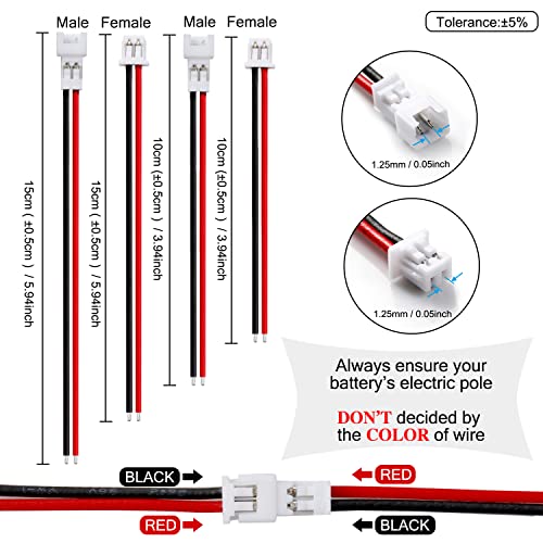 Chanzon 30Pairs Jst1.25mm 2Pin Micro Plug Connector with 10cm and 15cm Wire - size: 10cm & 15cm