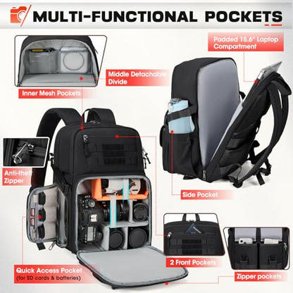 RAINSMORE Camera Backpack, DSLR/SLR/Mirrorless Camera Bag for Photographers - color: Black