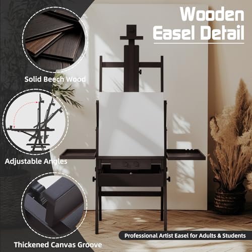Beech Wood H-Frame Easel for Painting with Tray & Drawer, Walnut - color: Walnut