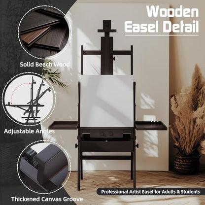 Beech Wood H-Frame Easel for Painting with Tray & Drawer, Walnut - color: Walnut