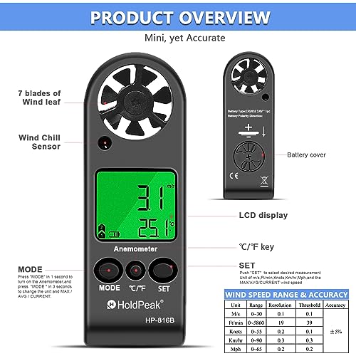 HOLDPEAK Pocket Anemometer Handheld Digital Wind Speed Meter Gauge Air Flow Velocity Temperature Measuring Device for Outdoor Sailing Surfing Drone Flying Golf Shooting HVAC 816B - color: HP-816B-1PC