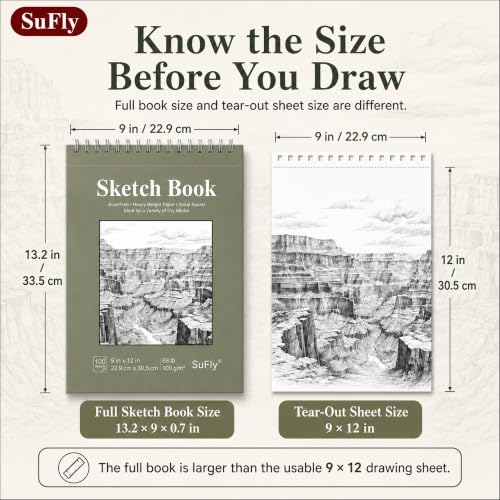SuFly Sketch Book 9x12, 100-Sheet Drawing Paper Pad, 68lb/100gsm, Acid-Free