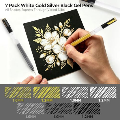 ZSCM 7 Extra-Large Capacity Black Gold Silver White Gel Pens, Fine Point