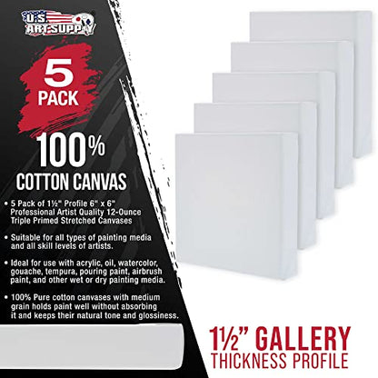 U.S. Art Supply 6"x6" Stretched Canvas for Painting, Gallery Depth 5-Pack - size: 6" x 6"