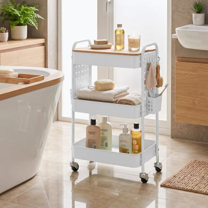 3 Tier Rolling Cart with Table top, Metal Utility Cart with DIY Pegboard - color: White With Pegboard