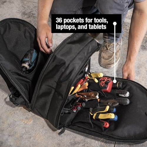 CLC Work Gear 55532 36-Pocket Tool Backpack – Heavy-Duty Ballistic Polyester Contractor Backpack with Laptop Compartment, Reinforced Glasses Case & Padded Straps - style: 36 Pocket Tool Backpack