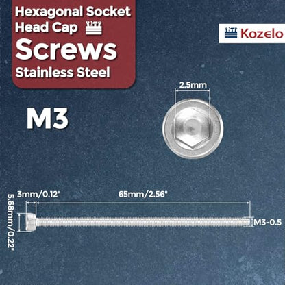 Socket Head Cap Screws M3-0.5x65mm 304 Stainless Steel Silver 10pcs - size: M3-0.5x65mm