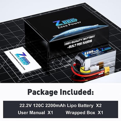 Zeee 6S Lipo Battery 2200mAh 22.2V 120C with XT60 Connector (2 Pack)