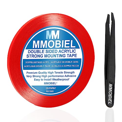 MMOBIEL Clear Double Sided Acrylic Tape 10mm 25m (82 ft) Removable Mounting Adhesive Strip with Red Liner – Ultra Strong, Weatherproof for Automotive, Wall, DIY Repair - size: 10 mm