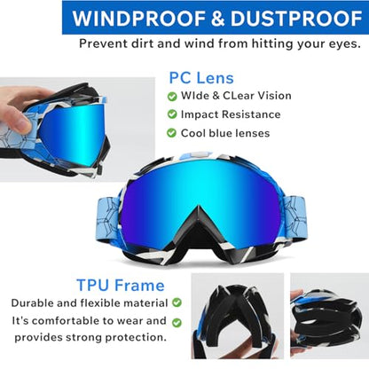Dirt Bike Goggles 2 Pack - MX Goggles for ATV, Dirtbike, Motocross - color: Camo Blue Frame+black Farme(blue+clear)