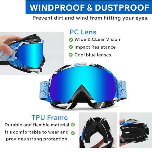 Dirt Bike Goggles 2 Pack - MX Goggles for ATV, Dirtbike, Motocross - color: Camo Blue Frame+black Farme(blue+clear)