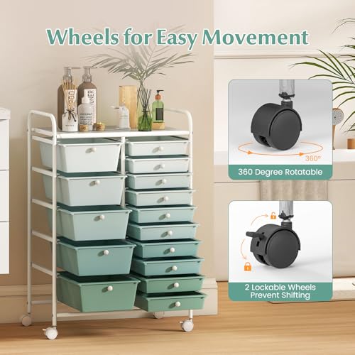 RELAX4LIFE 15-Drawer Storage Drawer Carts - Mobile Rolling Utility Cart - color: Gradient Green, style: 15 Drawers-34.5"