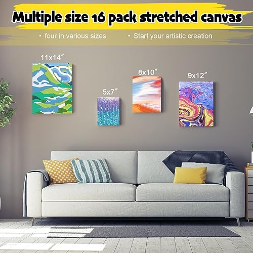 Inburit 12 PCS Multi Size Stretched Blank Canvas for Acrylic & Oil Painting - size: 12PCS+(4sizex3)