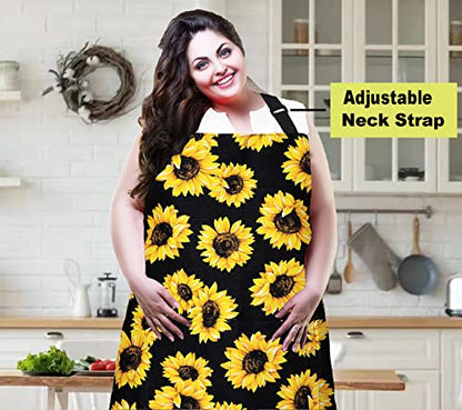 Plus Size Adjustable Bib Apron Water Resistant Canvas Extra Wide Long Ties Aprons with 2 Pockets Kitchen Cooking Gardening - color: Sunflower