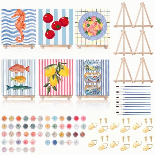 YooNotee 6 Pack Paint by Numbers Kit, 8x8 DIY Canvas with Easel Fish - style: Fish
