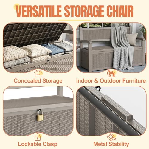 Storage Bench Outdoor Deck Box, 100 Gallon Lockable Patio Furniture, Grey