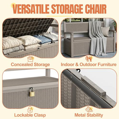 Storage Bench Outdoor Deck Box, 100 Gallon Lockable Patio Furniture, Grey