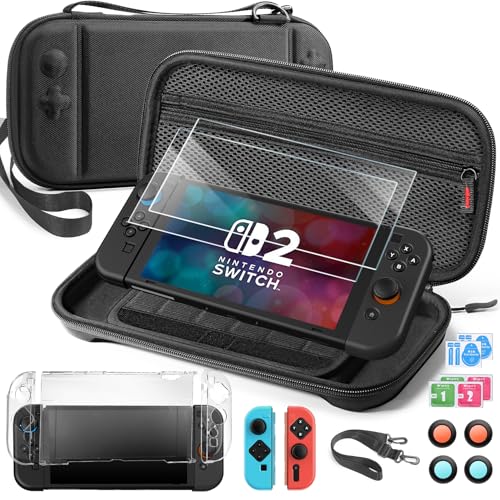 AodoT 14 in 1 Switch 2 Accessories Bundle - Crossbody Carrying Case Kit with TPU/Silicone Protectors, Screen Guards & 4 Thumb Grips - Black