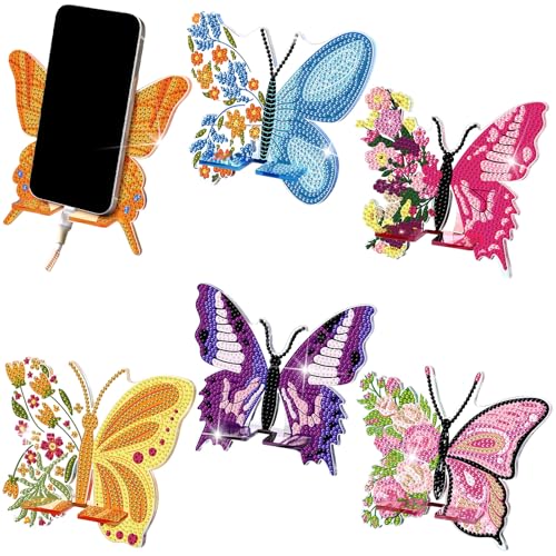 Saillong 6 Pcs Butterfly Diamond Art Phone Stand, Full Drill Crystal - style: Butterfly