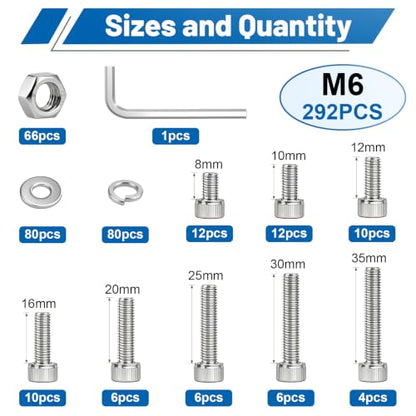 292PCS M6 Hex Socket Head Cap Screw Assortment Kit 304 Stainless Steel - size: SS M6 292PCS